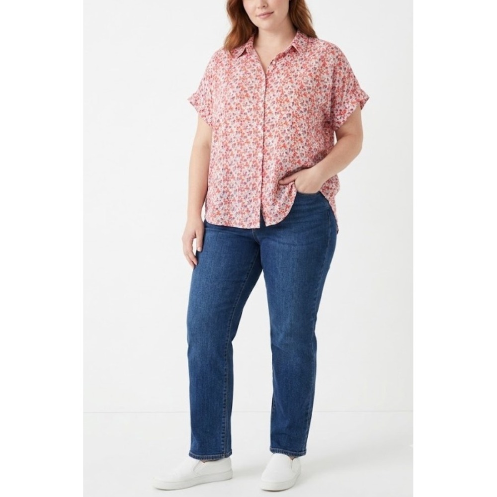 Jane + Delancey Button Down Top XL Red Floral Rayon Short Sleeve Blouse